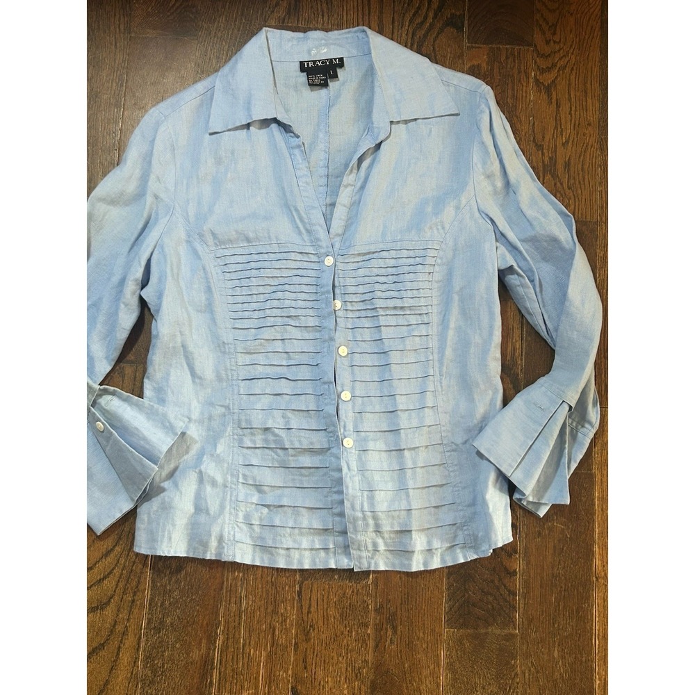 Tracy M. Linen Light blue‎ Pleated Button-Up Blouse Long Sleeve Size L